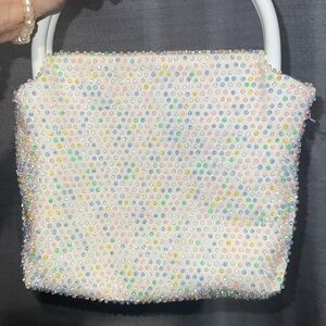 Vintage Pastel Beaded Mini Bag White Rainbow Iridescent Top Handle Purse